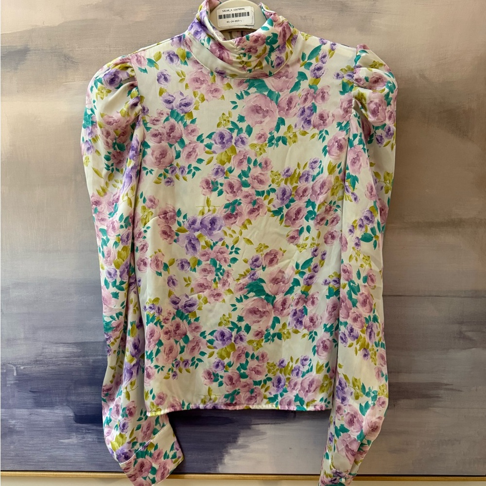 Floral Cream High-Neck Women's Puff Long Sleeve Top
